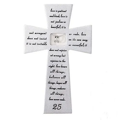 25th Wedding Anniversary Wall Cross with Silver Rings (7")