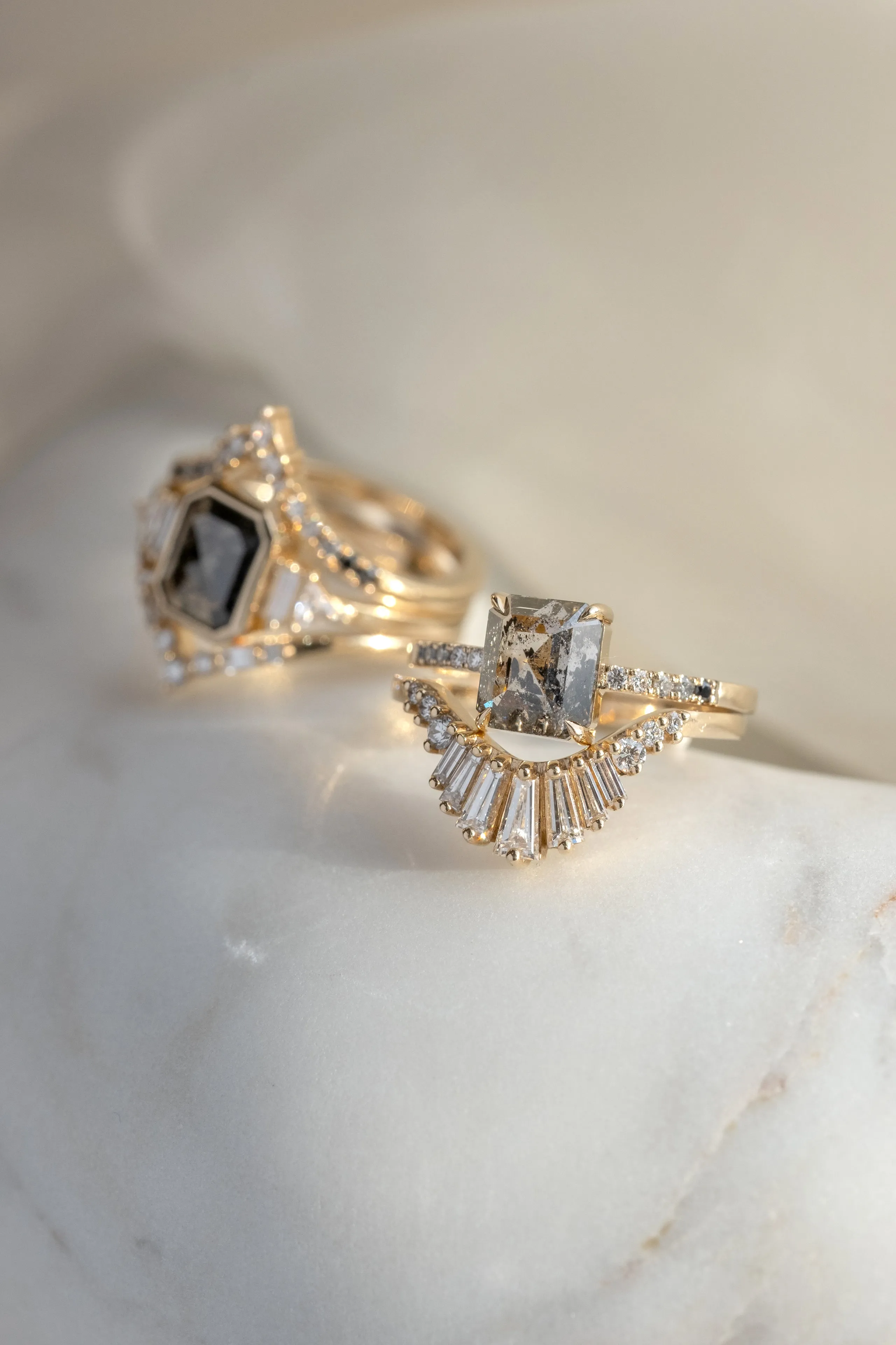 2.64 Carat Salt and Pepper Asscher Diamond Engagement Ring, Ombre Jules Setting, 14K Yellow Gold