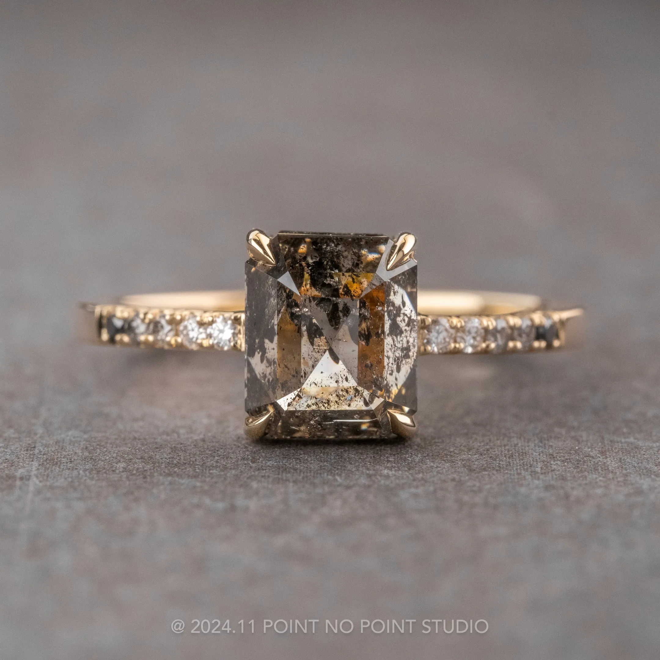 2.64 Carat Salt and Pepper Asscher Diamond Engagement Ring, Ombre Jules Setting, 14K Yellow Gold