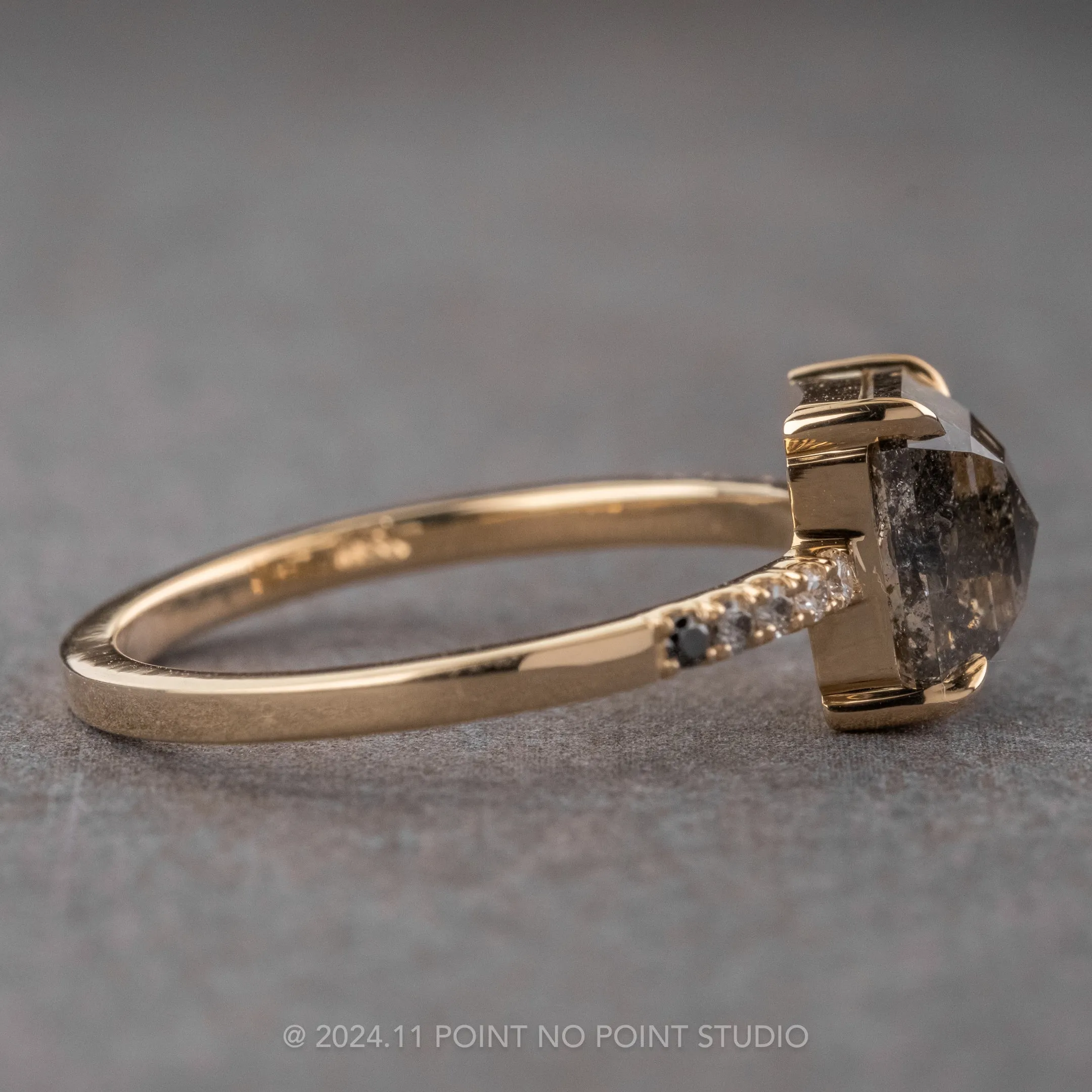 2.64 Carat Salt and Pepper Asscher Diamond Engagement Ring, Ombre Jules Setting, 14K Yellow Gold