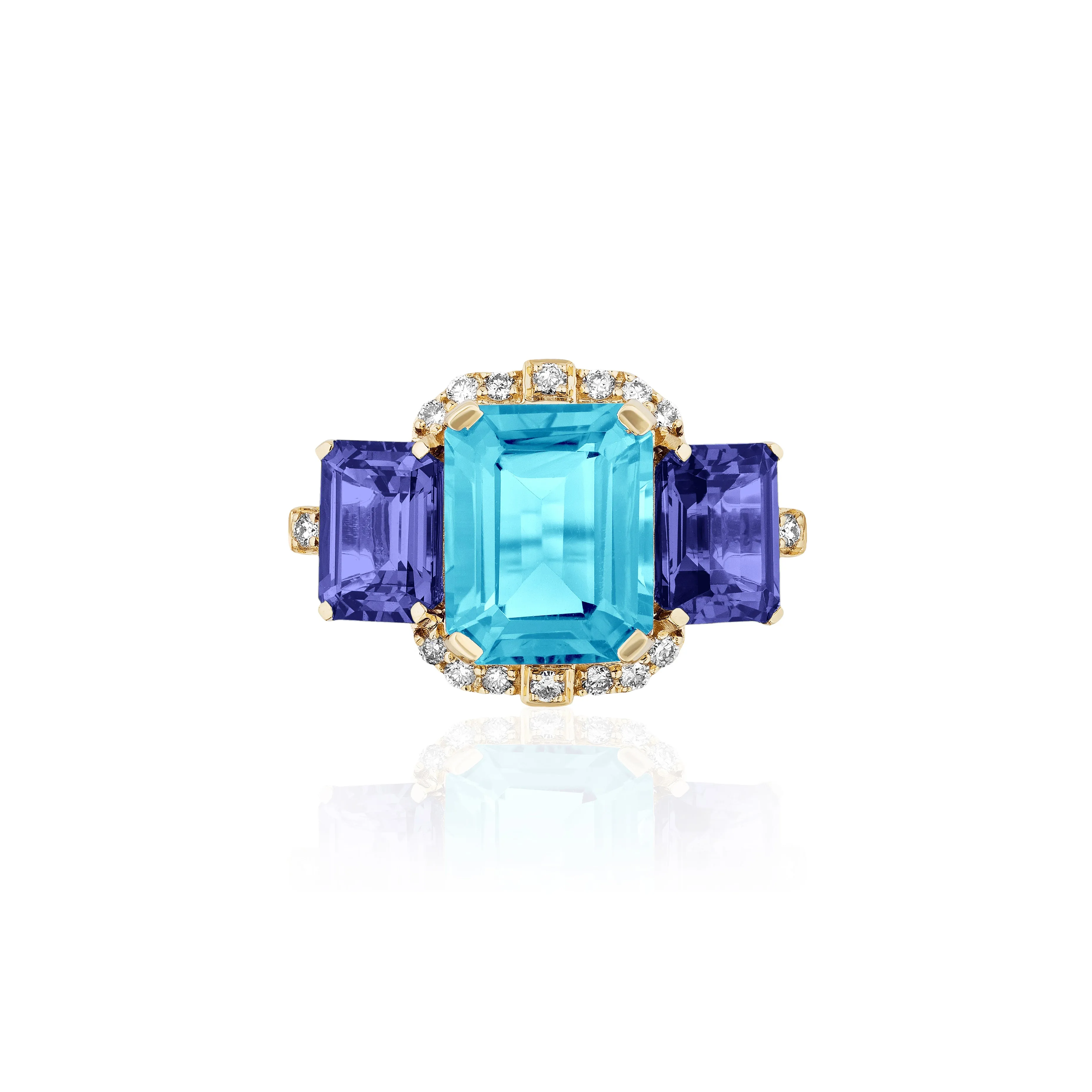 3 Stone Emerald Cut Blue Topaz & Tanzanite Ring