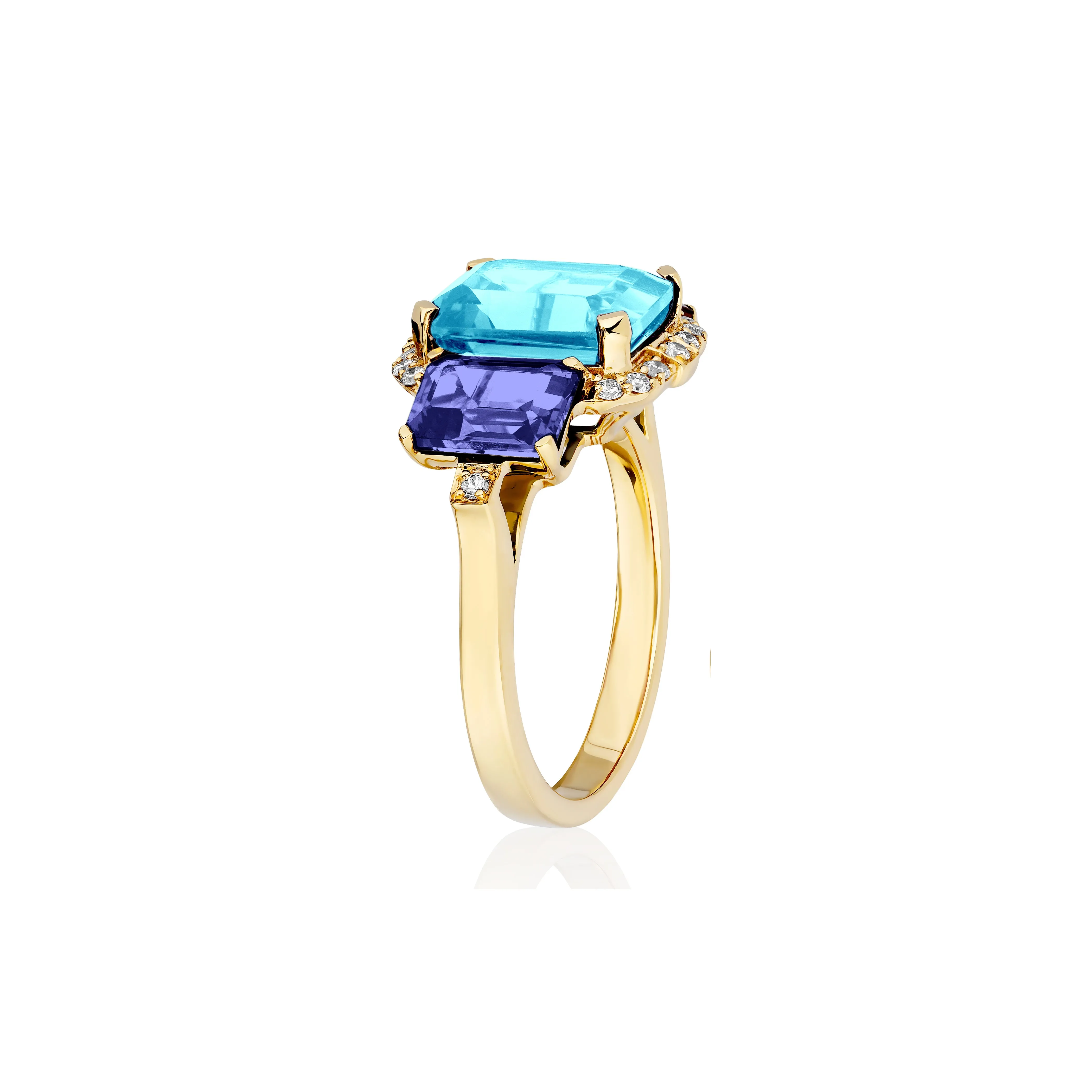 3 Stone Emerald Cut Blue Topaz & Tanzanite Ring