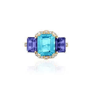 3 Stone Emerald Cut Blue Topaz & Tanzanite Ring