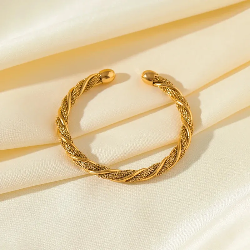 316L Stainless Steel Gold Color Twisted Bangles Waterproof Adjustable Bracelet