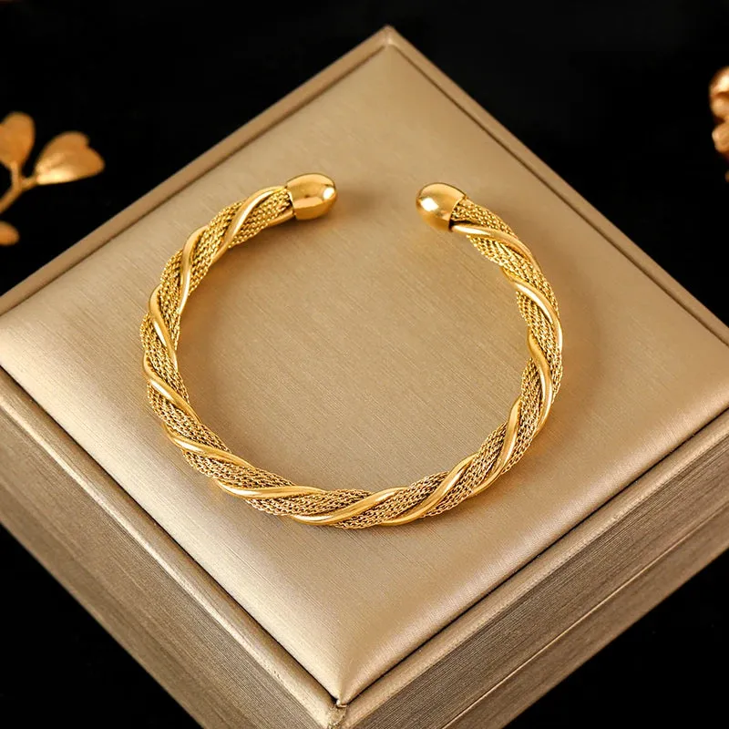 316L Stainless Steel Gold Color Twisted Bangles Waterproof Adjustable Bracelet