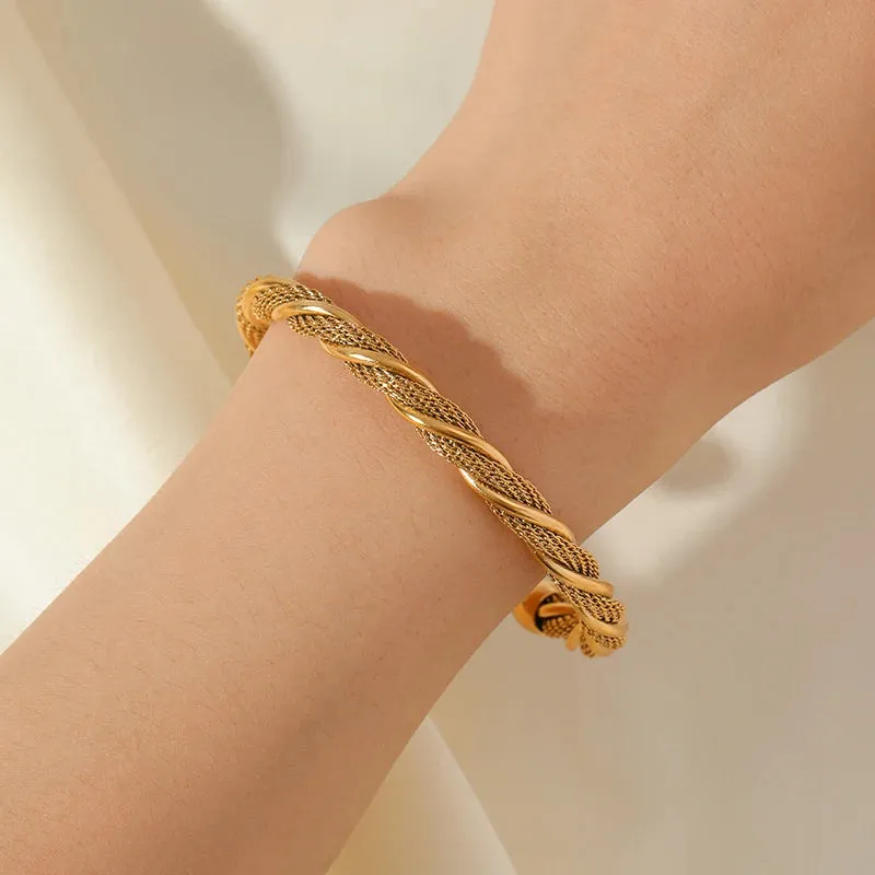 316L Stainless Steel Gold Color Twisted Bangles Waterproof Adjustable Bracelet
