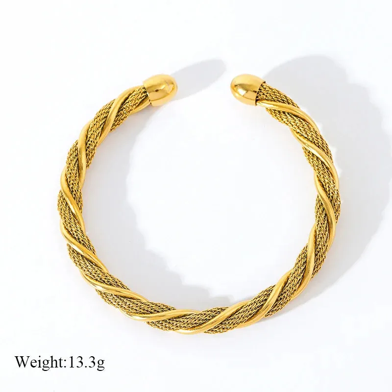 316L Stainless Steel Gold Color Twisted Bangles Waterproof Adjustable Bracelet