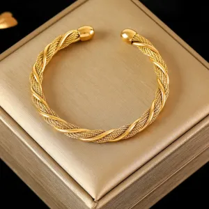 316L Stainless Steel Gold Color Twisted Bangles Waterproof Adjustable Bracelet