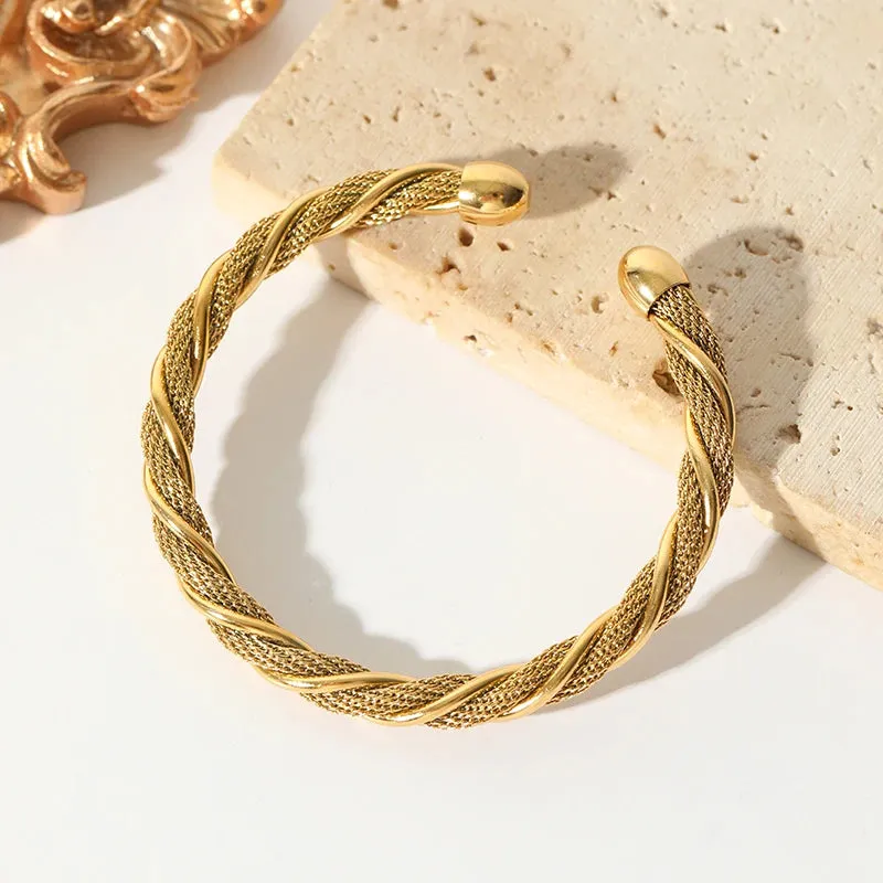 316L Stainless Steel Gold Color Twisted Bangles Waterproof Adjustable Bracelet