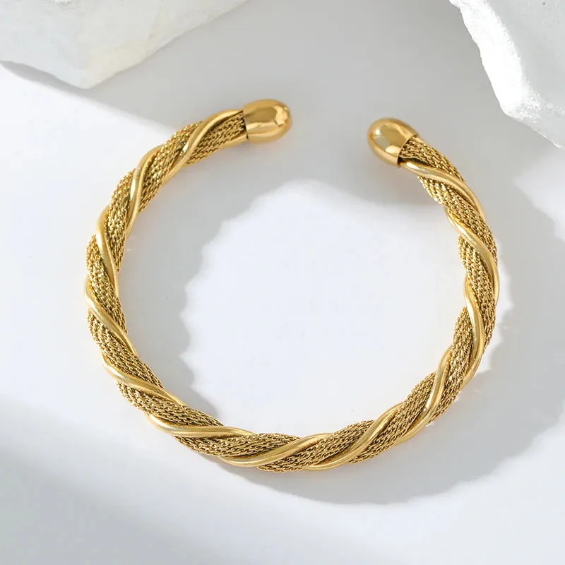 316L Stainless Steel Gold Color Twisted Bangles Waterproof Adjustable Bracelet