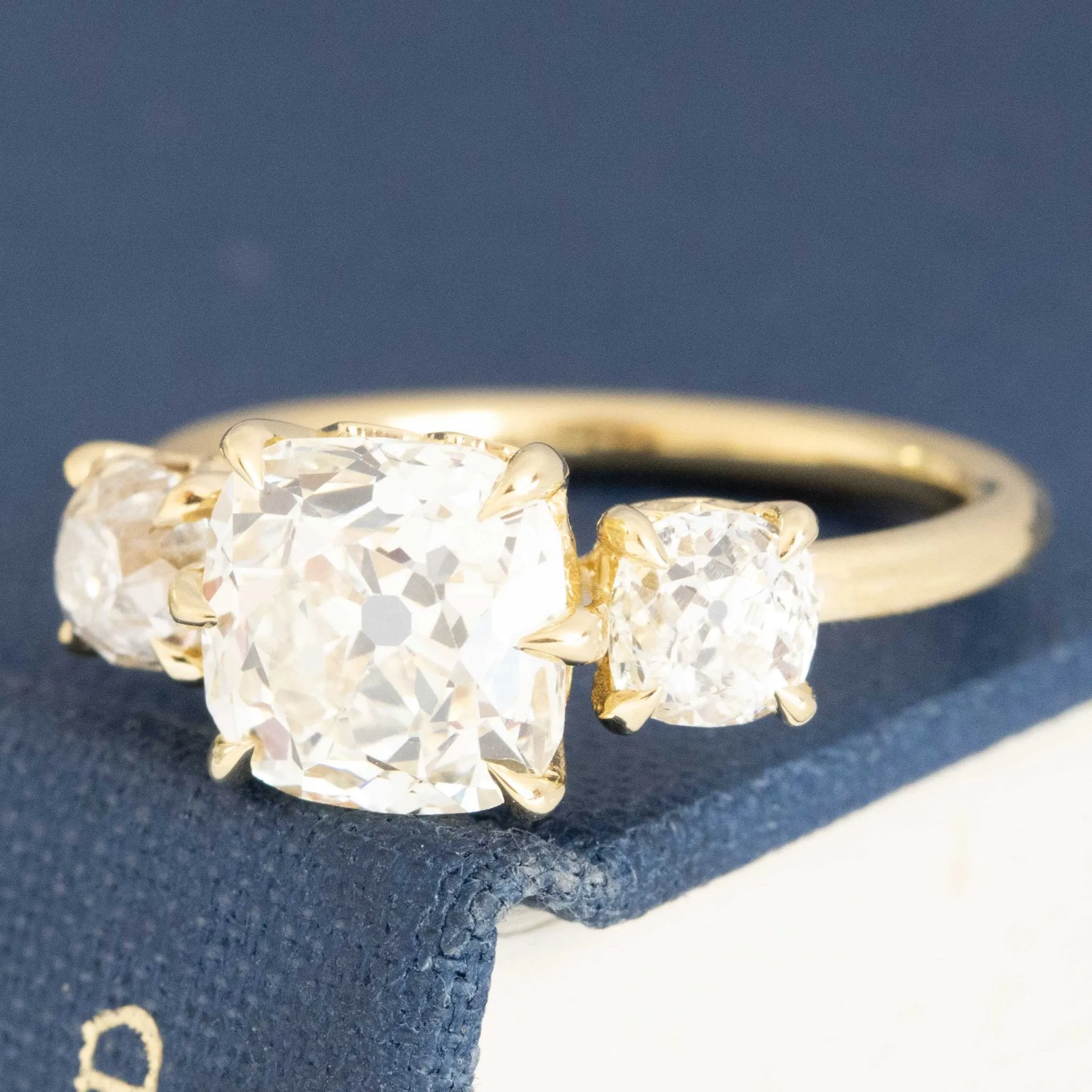 3.46ctw Old Mine Cut Diamond Trilogy Ring, GIA