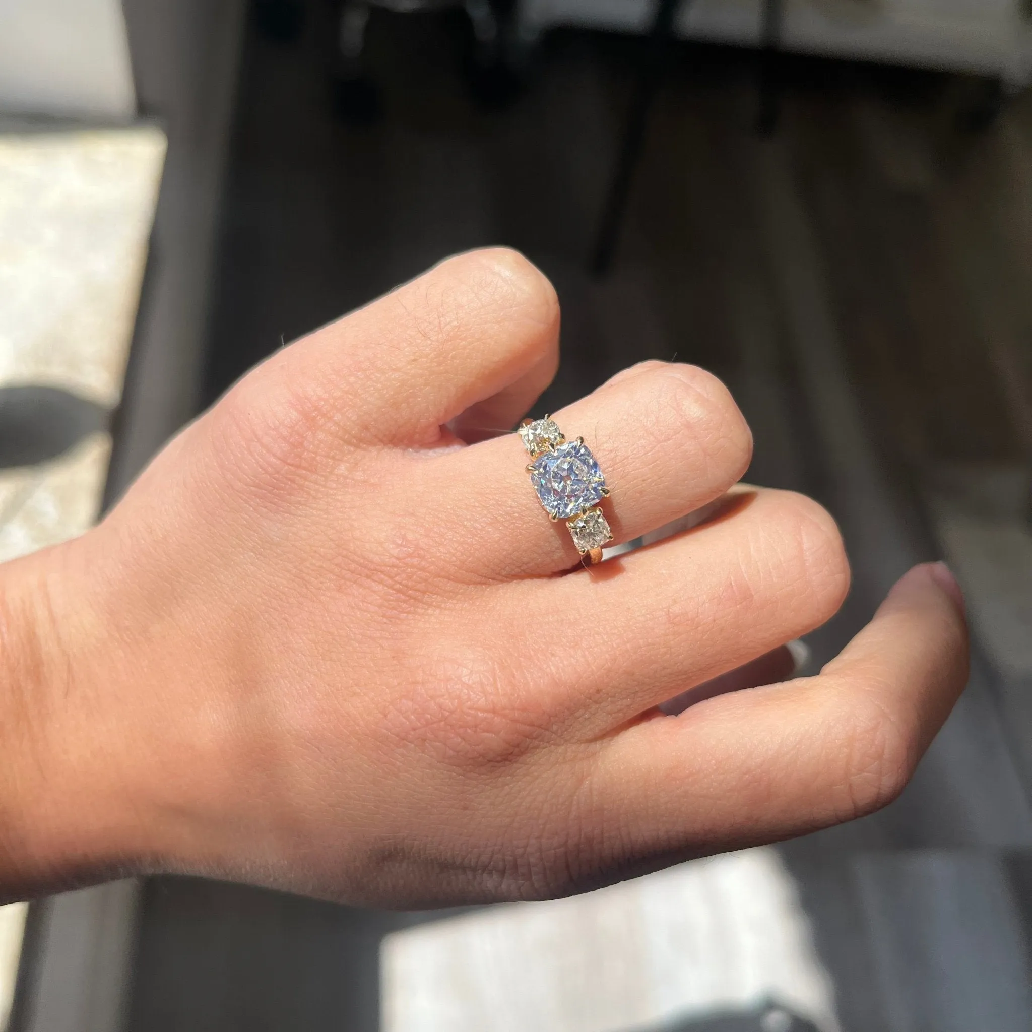3.46ctw Old Mine Cut Diamond Trilogy Ring, GIA
