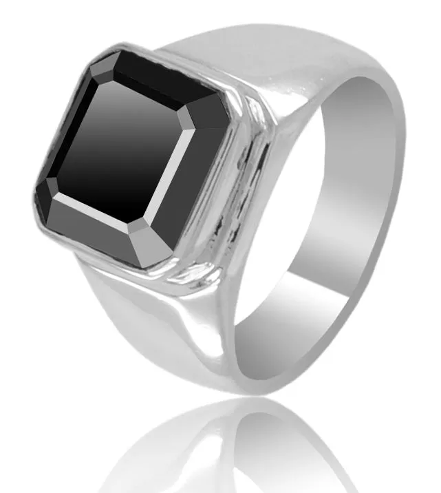 3.50 Ct Certified Black Diamond Solitaire Men's Ring in 925 Silver, Excellent Cut with Great Luster