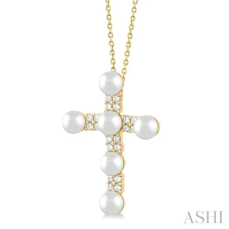 4 MM Cross Cultured Pearl and 1/5 ctw Round Cut Diamond Semi Precious Fashion Pendant With Chain in 10K Yellow Gold