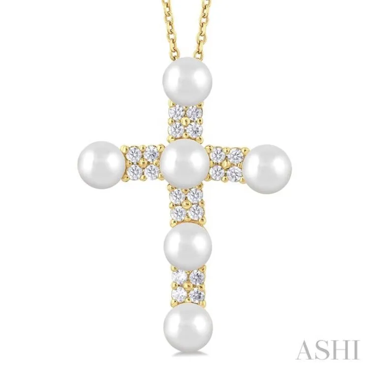 4 MM Cross Cultured Pearl and 1/5 ctw Round Cut Diamond Semi Precious Fashion Pendant With Chain in 10K Yellow Gold