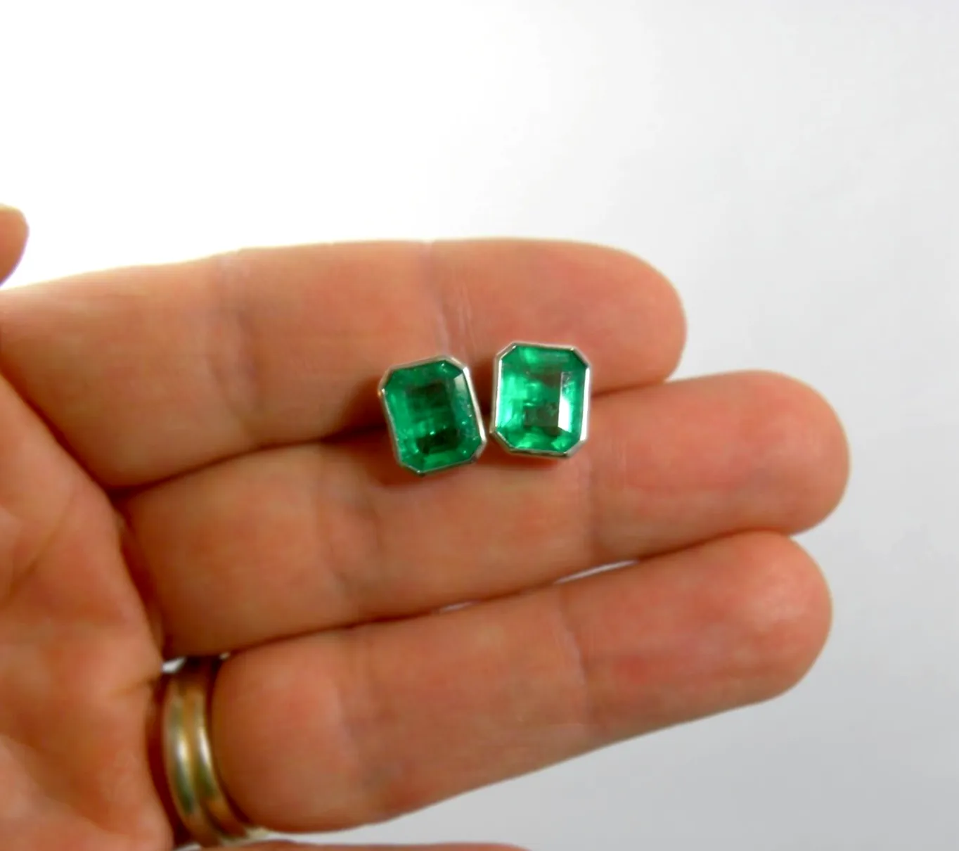 4.60ct AAA Green Color Colombian Emerald Stud Earrings 18K White Gold~One Of Akind