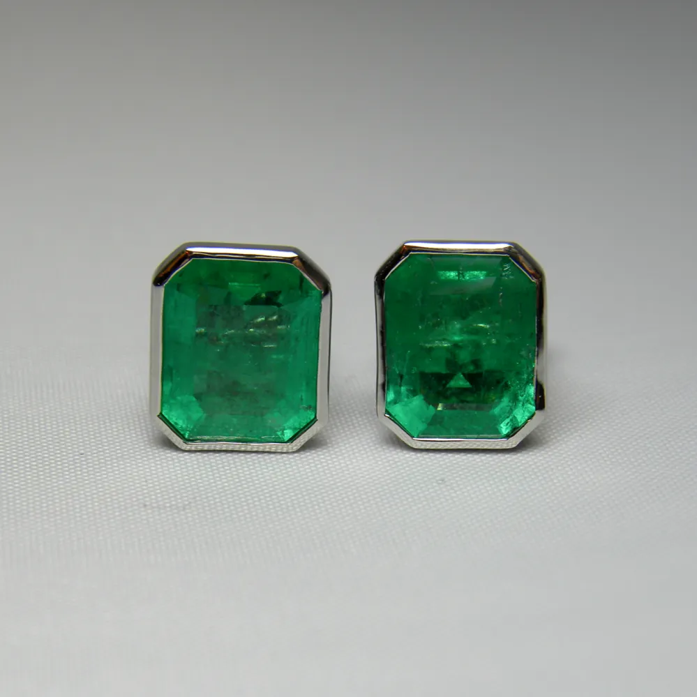 4.60ct AAA Green Color Colombian Emerald Stud Earrings 18K White Gold~One Of Akind