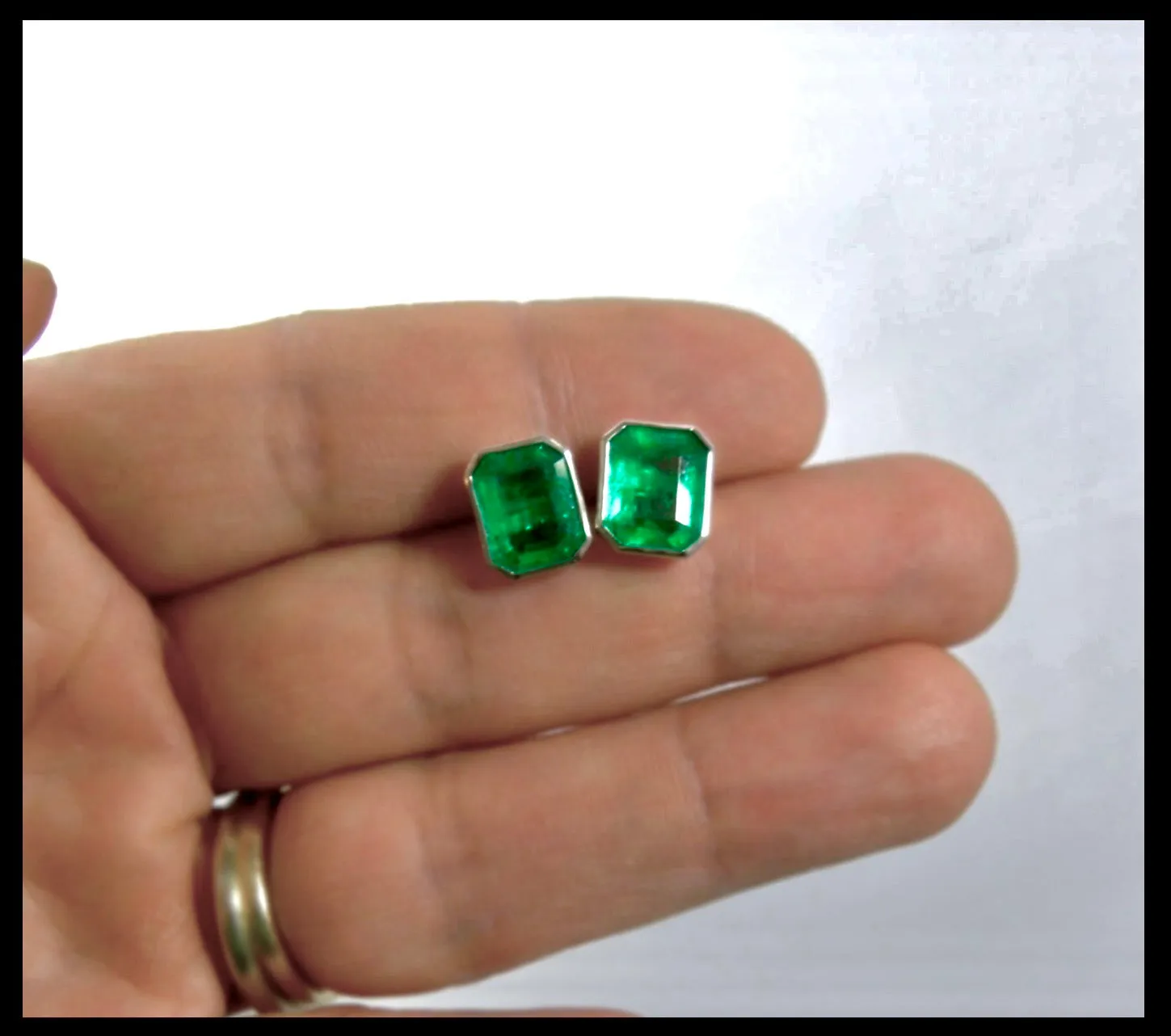 4.60ct AAA Green Color Colombian Emerald Stud Earrings 18K White Gold~One Of Akind