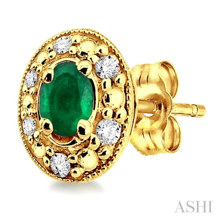 4x3 MM Oval Shaped Emerald and 1/10 ctw Single Cut Diamond Earrings in 14K Yellow Gold