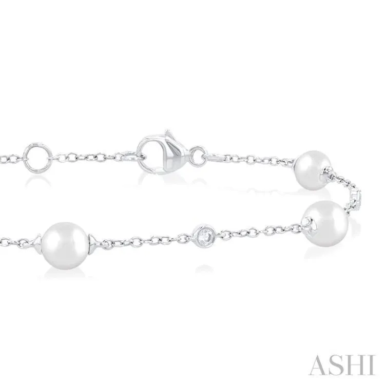5 MM Round Shape Cultured Pearl and 1/6 ctw Round Cut Diamond Fashion Station Bracelet in 14K White Gold