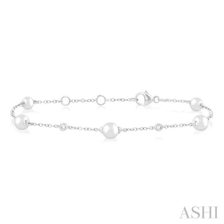 5 MM Round Shape Cultured Pearl and 1/6 ctw Round Cut Diamond Fashion Station Bracelet in 14K White Gold