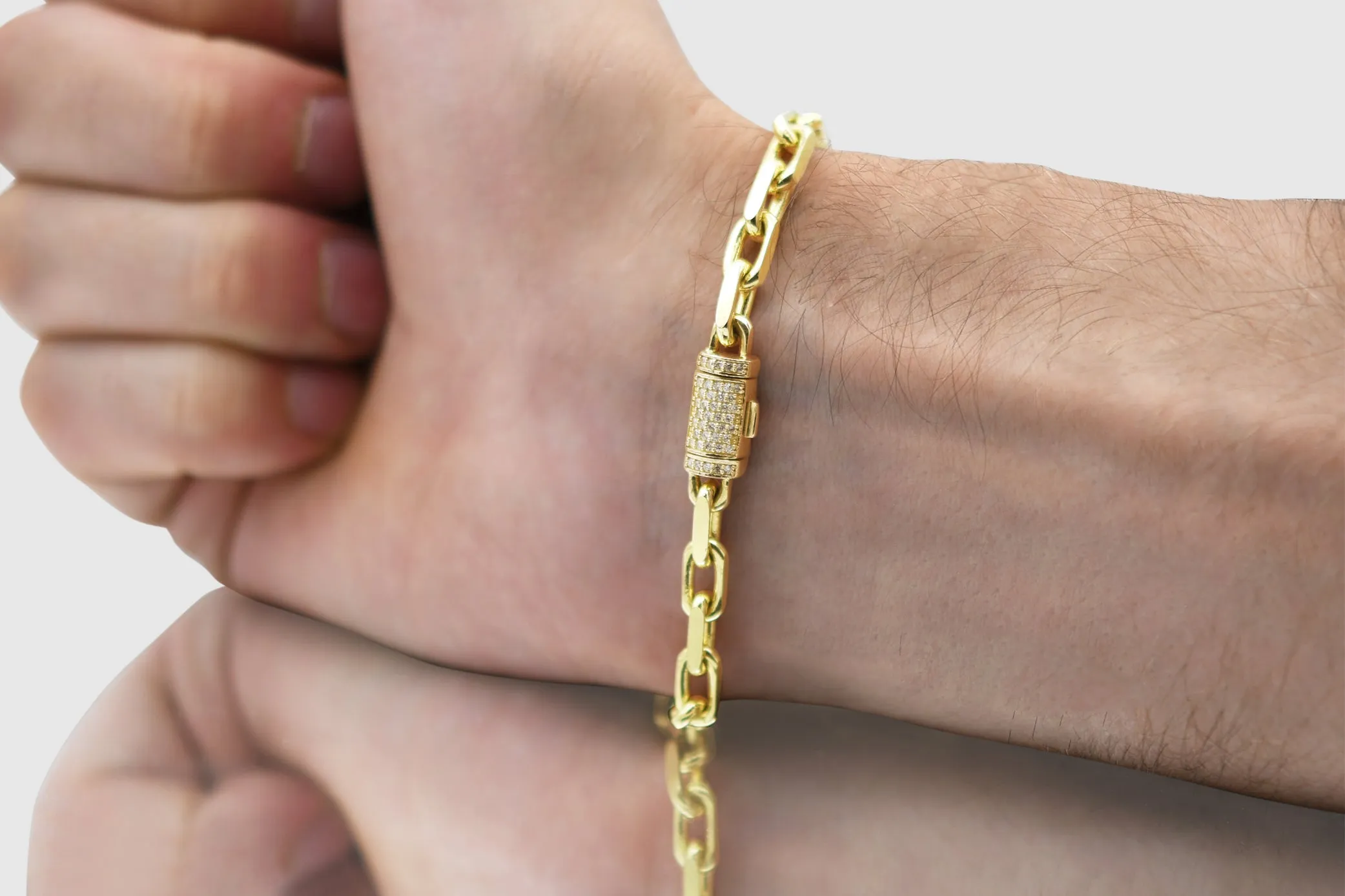 5mm Solid Heavy Cable Link Yellow Gold Diamond Lock Bracelet
