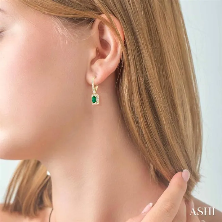 5x3 MM Octagon Cut Emerald and 1/2 ctw Round Cut Diamond Precious Earrings in 14K Yellow Gold