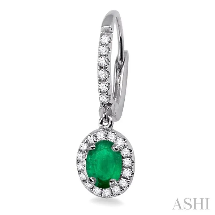5x3 mm Oval Cut Emerald and 1/4 Ctw Round Cut Diamond Earrings in 14K White Gold - Custom