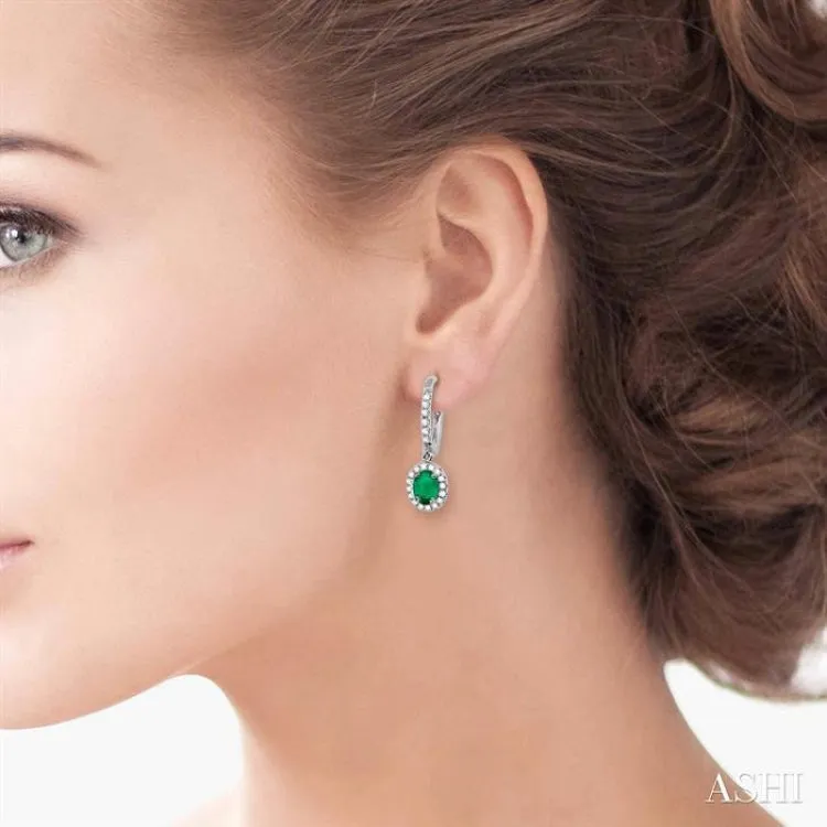 5x3 mm Oval Cut Emerald and 1/4 Ctw Round Cut Diamond Earrings in 14K White Gold - Custom