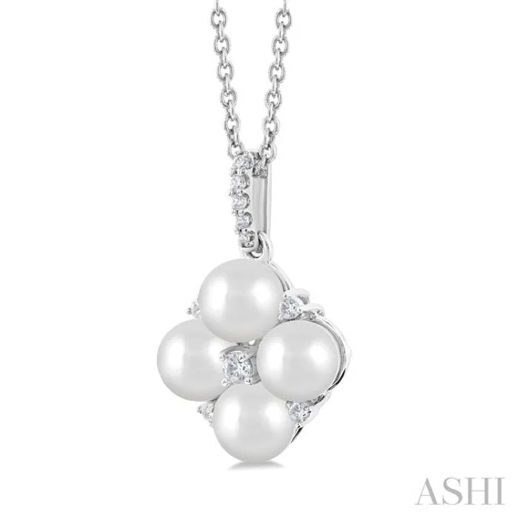 5x5 MM Round Shape Floral Cultured Pearls and 1/10 ctw Round Cut Diamond Fashion Pendant With Chain in 10K White Gold