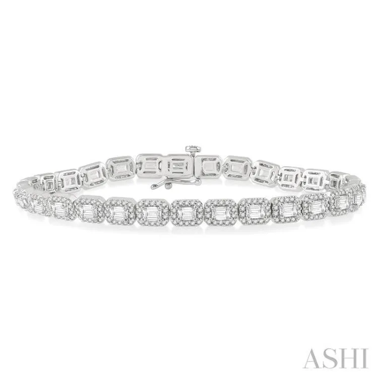 6 ctw Emerald & Round Cut Diamond Halo Tennis Bracelet in 14K White Gold