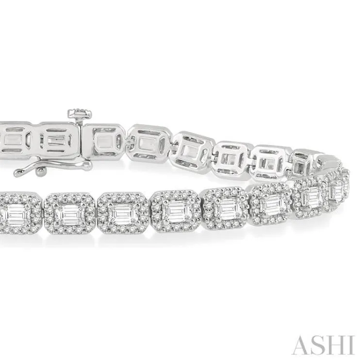 6 ctw Emerald & Round Cut Diamond Halo Tennis Bracelet in 14K White Gold