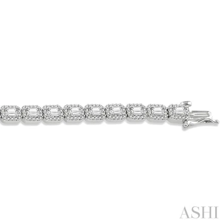 6 ctw Emerald & Round Cut Diamond Halo Tennis Bracelet in 14K White Gold