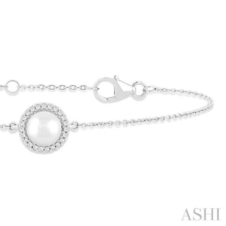 6 MM Round shape Round Shape Cultured Pearl and 1/20 ctw Round Cut Diamond Petite Halo Bracelet in 10K White Gold