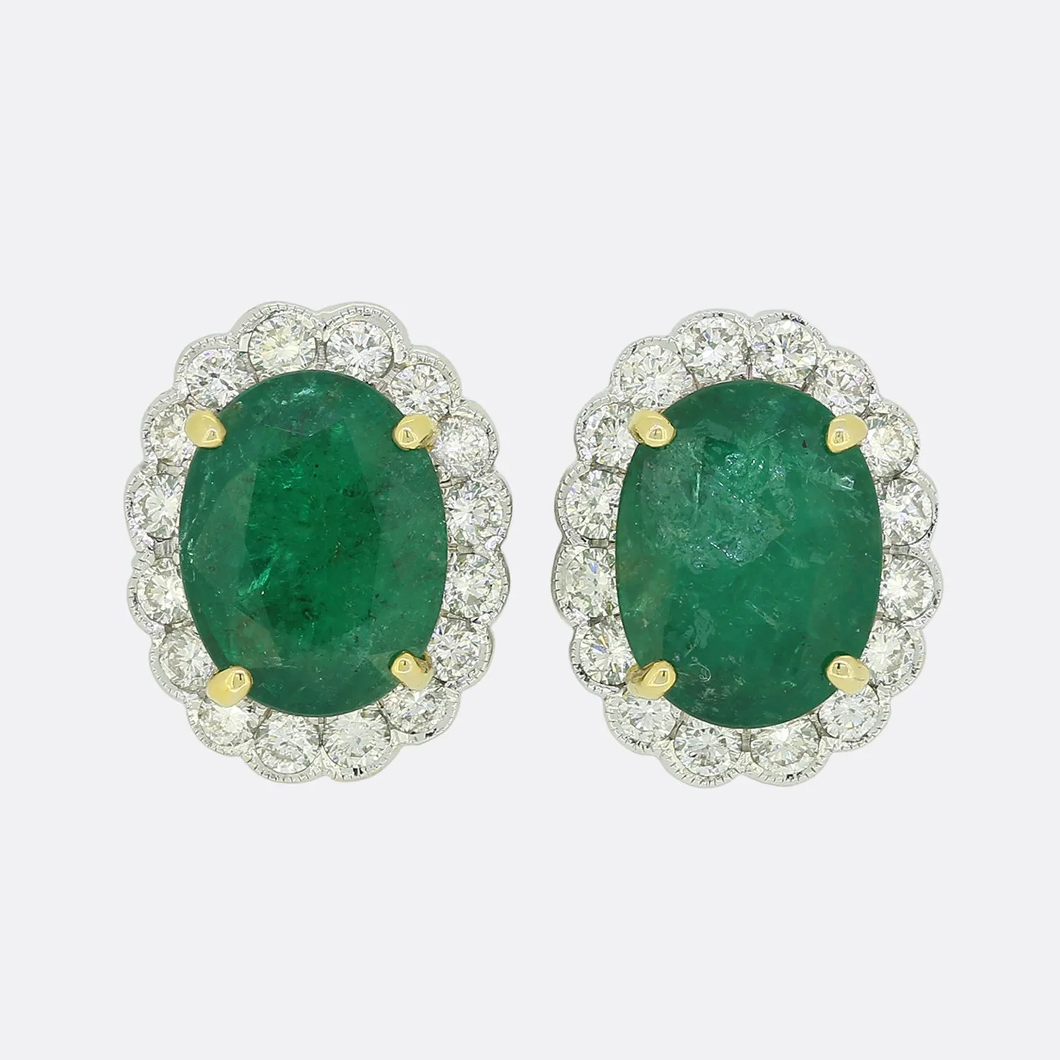 6.00 Carat Emerald and Diamond Cluster Stud Earrings