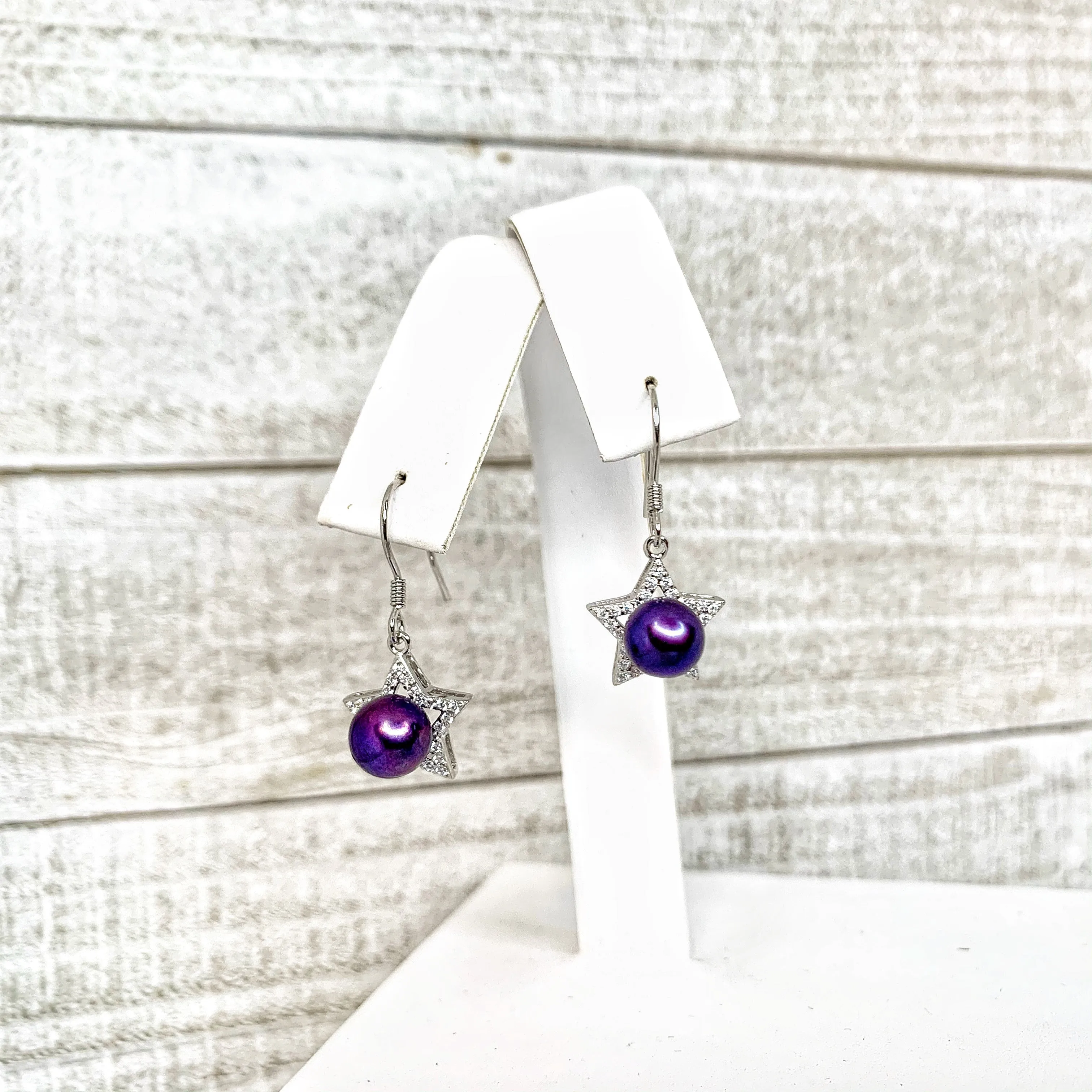 600 - Pearl Mount Set: Stars W/CZ's Pendant & Earrings - Sterling Silver