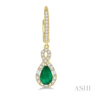 6X4MM Pear Cut Emerald and 1/2 Ctw Round Cut Diamond Precious Earrings in 14K Yellow Gold