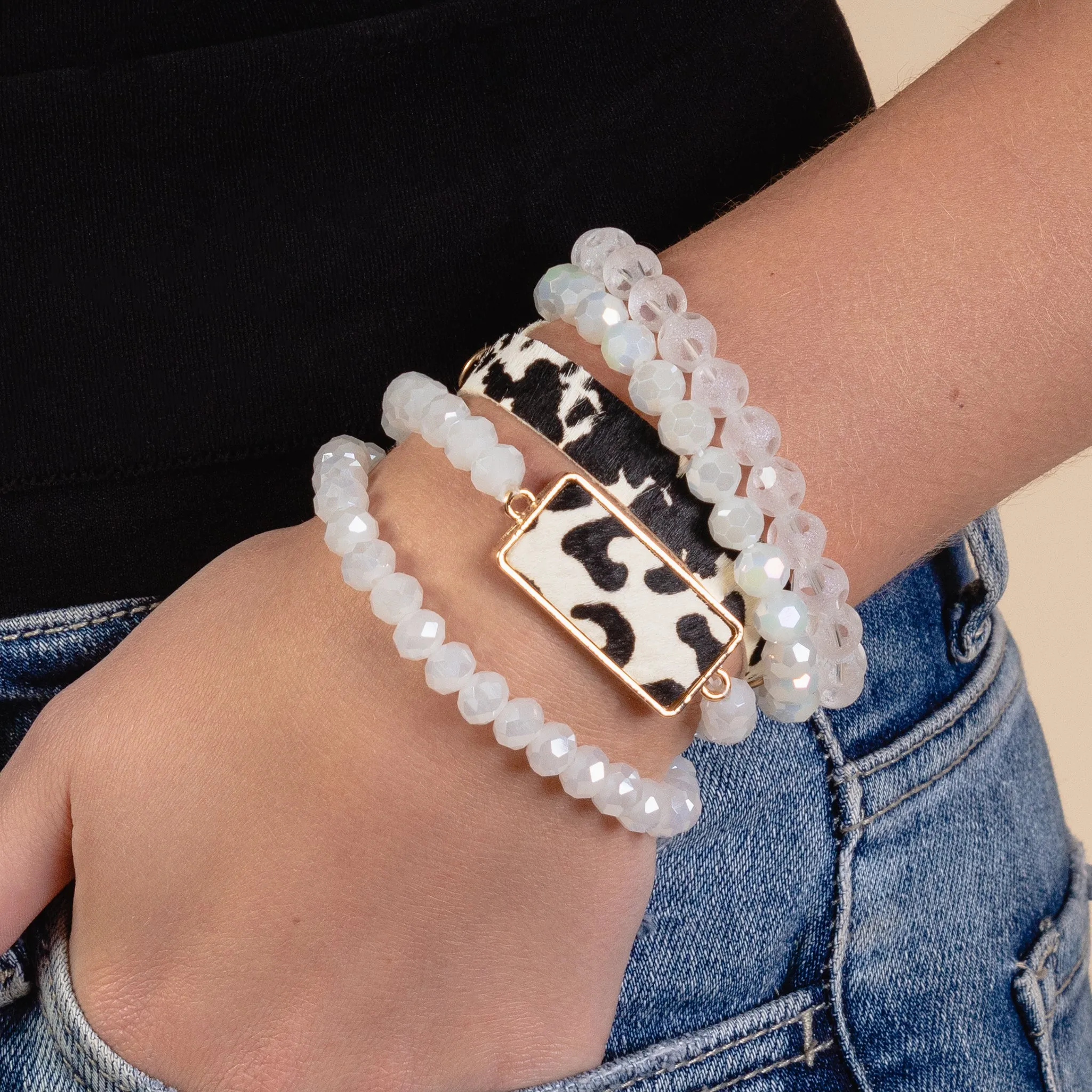 74758 - Animal Print Stacked Bracelets - White