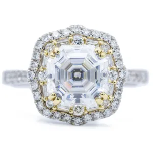 7mm Asscher/Octagon Heirloom Moissanite Two Toned 14k White & Yellow Gold Antique Halo Basket Ring