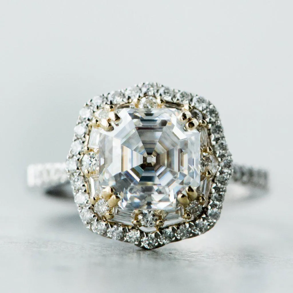 7mm Asscher/Octagon Heirloom Moissanite Two Toned 14k White & Yellow Gold Antique Halo Basket Ring
