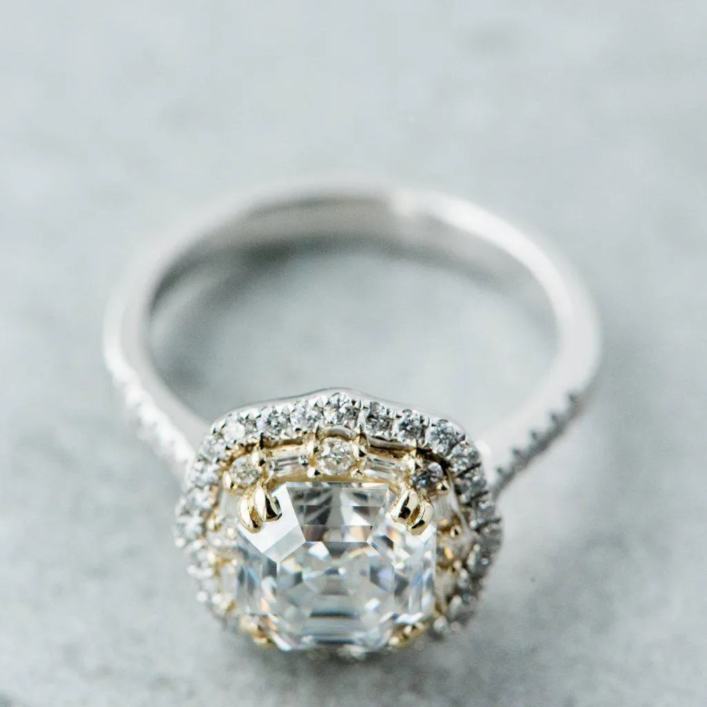 7mm Asscher/Octagon Heirloom Moissanite Two Toned 14k White & Yellow Gold Antique Halo Basket Ring