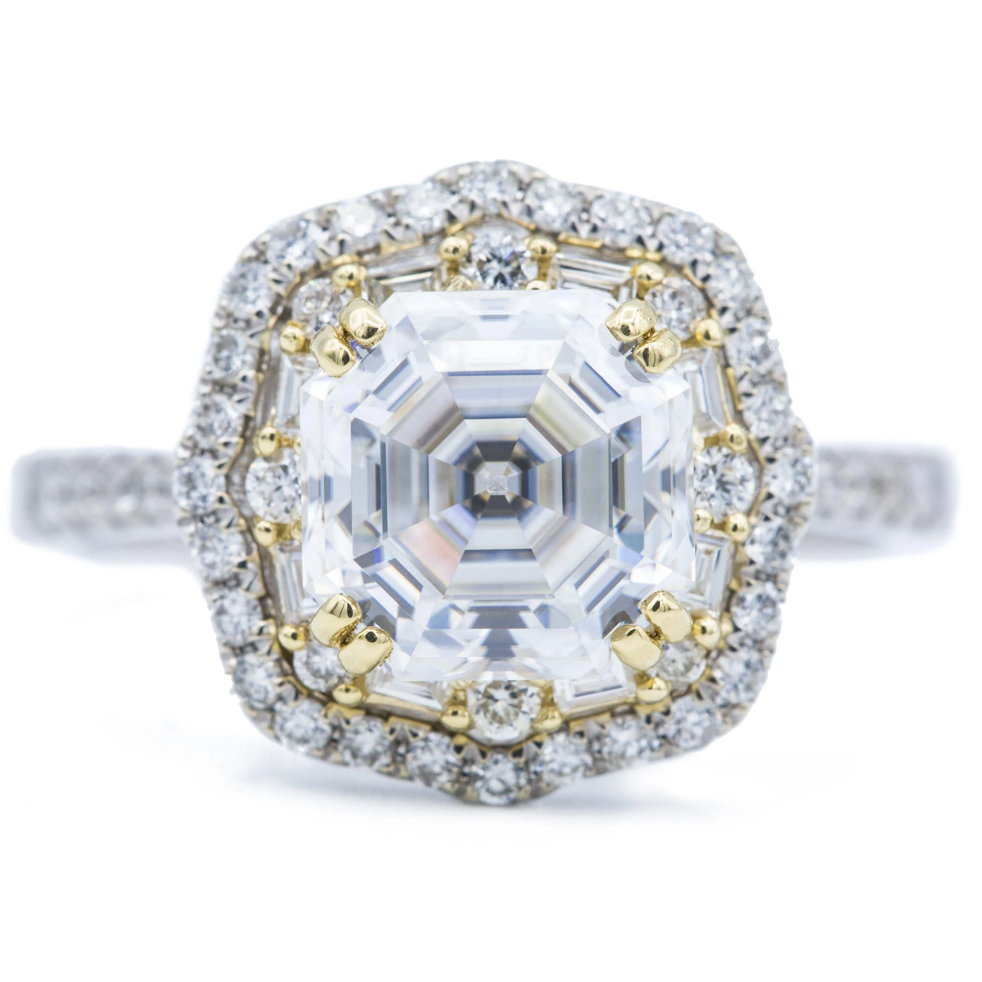 7mm Asscher/Octagon Heirloom Moissanite Two Toned 14k White & Yellow Gold Antique Halo Basket Ring