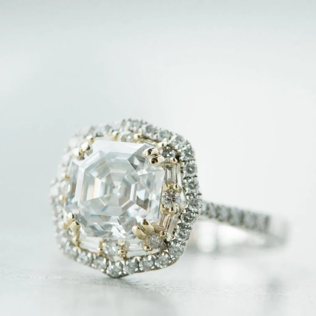 7mm Asscher/Octagon Heirloom Moissanite Two Toned 14k White & Yellow Gold Antique Halo Basket Ring