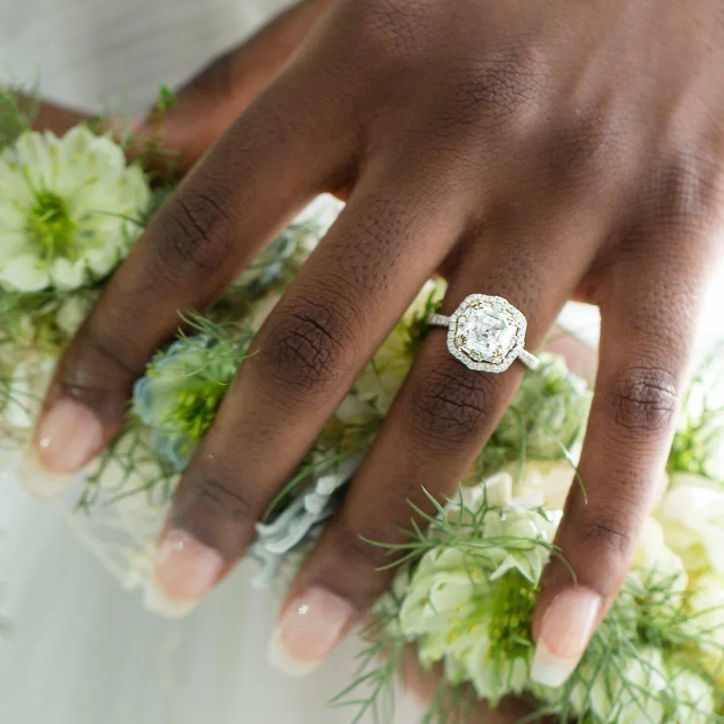 7mm Asscher/Octagon Heirloom Moissanite Two Toned 14k White & Yellow Gold Antique Halo Basket Ring