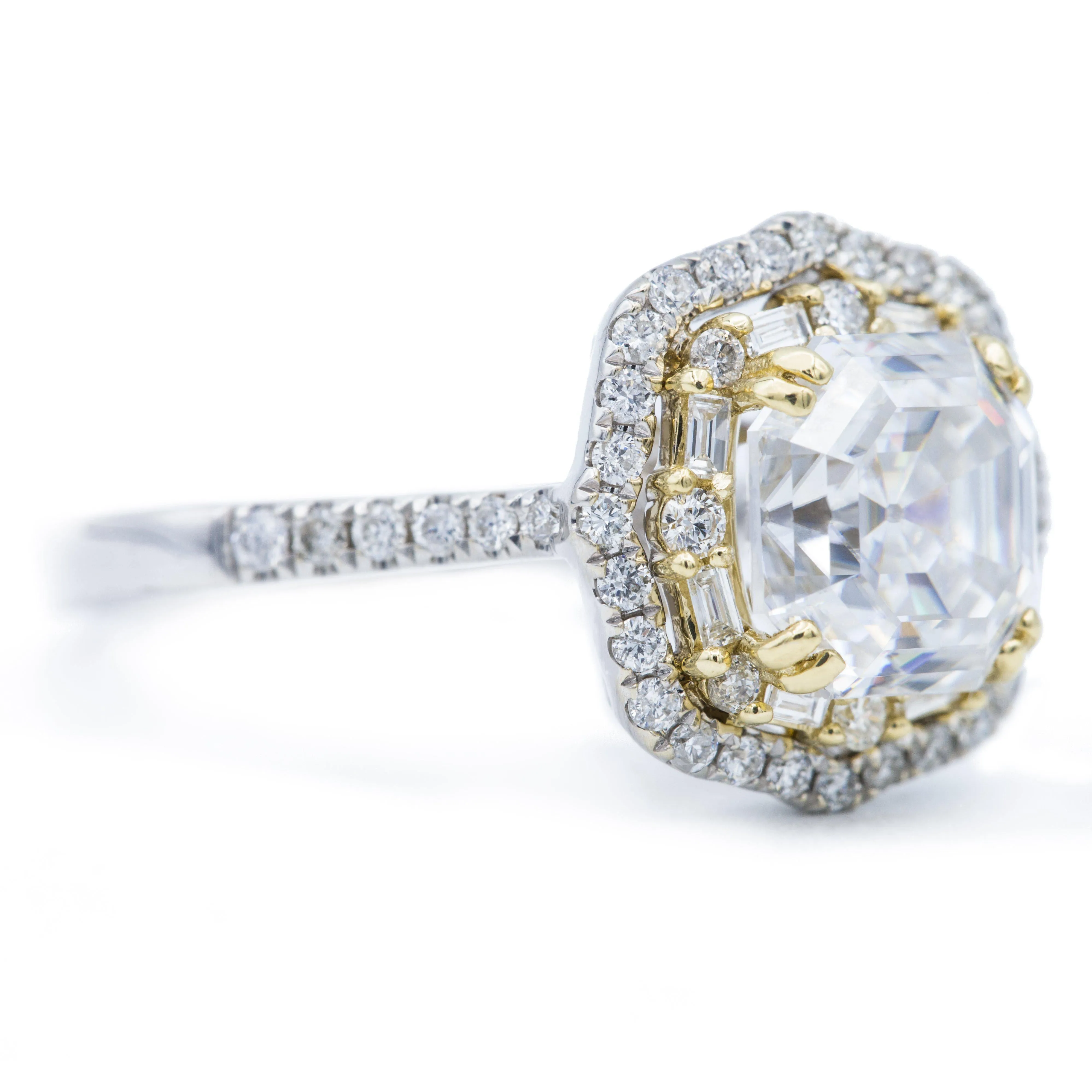 7mm Asscher/Octagon Heirloom Moissanite Two Toned 14k White & Yellow Gold Antique Halo Basket Ring