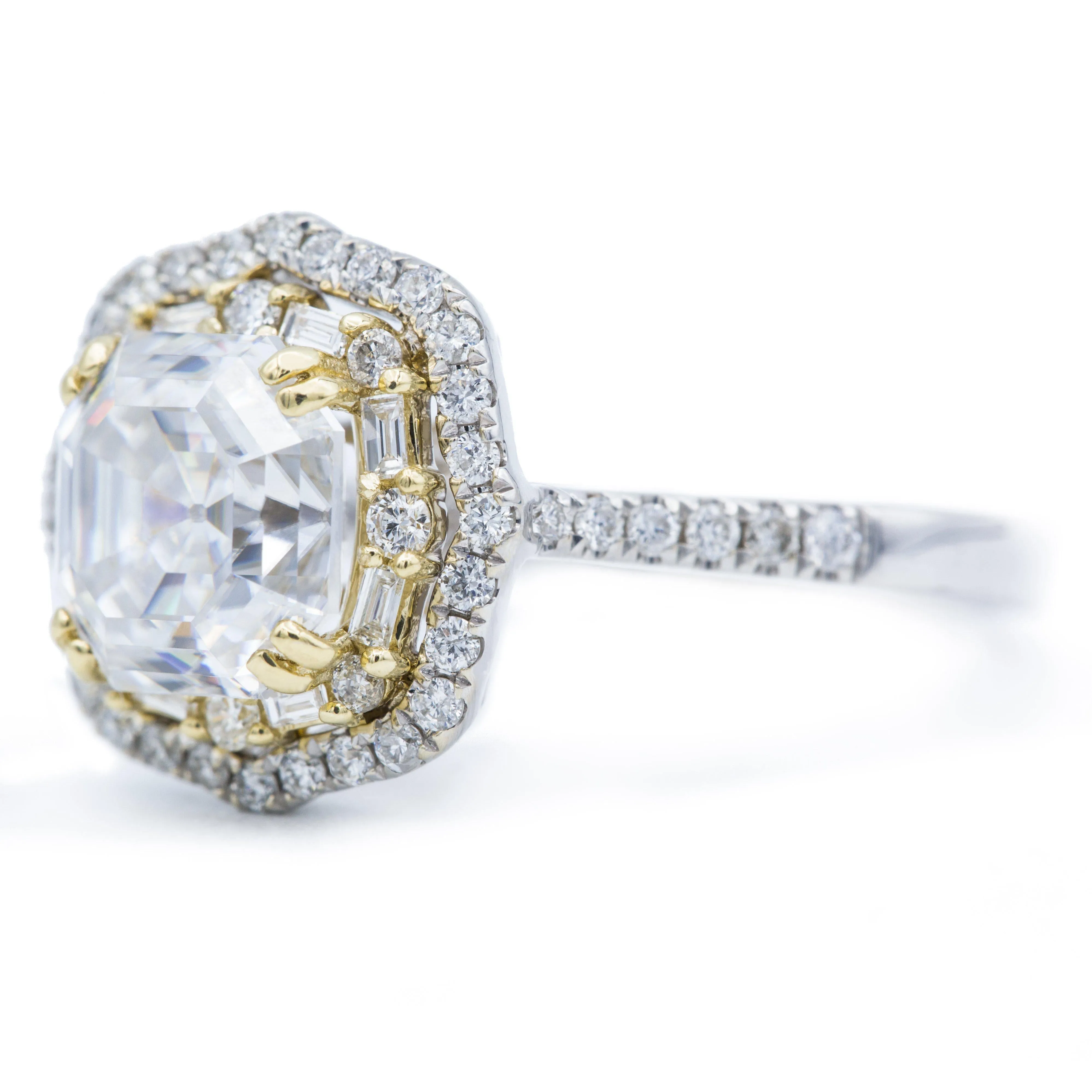 7mm Asscher/Octagon Heirloom Moissanite Two Toned 14k White & Yellow Gold Antique Halo Basket Ring