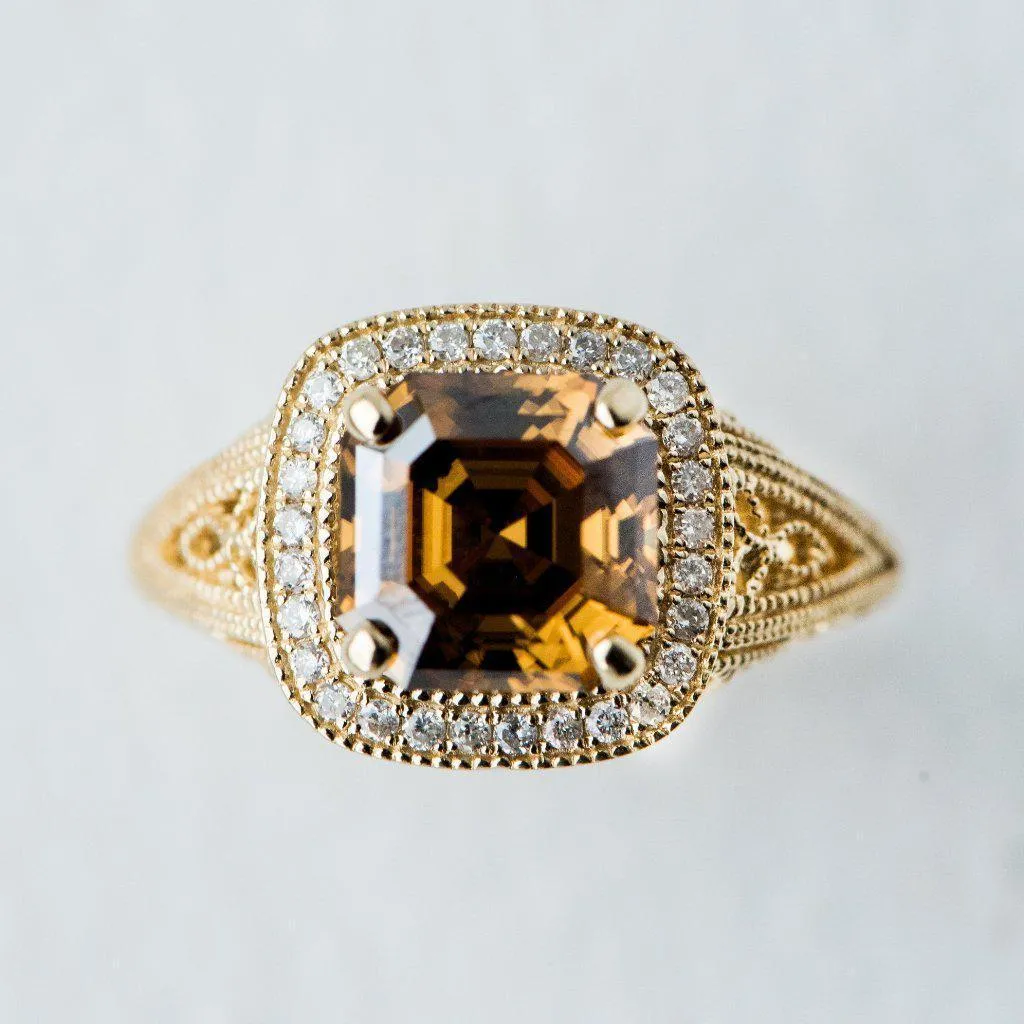 8mm Cognac Asscher Heirloom Center 14k Solid Yellow Gold Exquisite Diamond Filigree Design Setting
