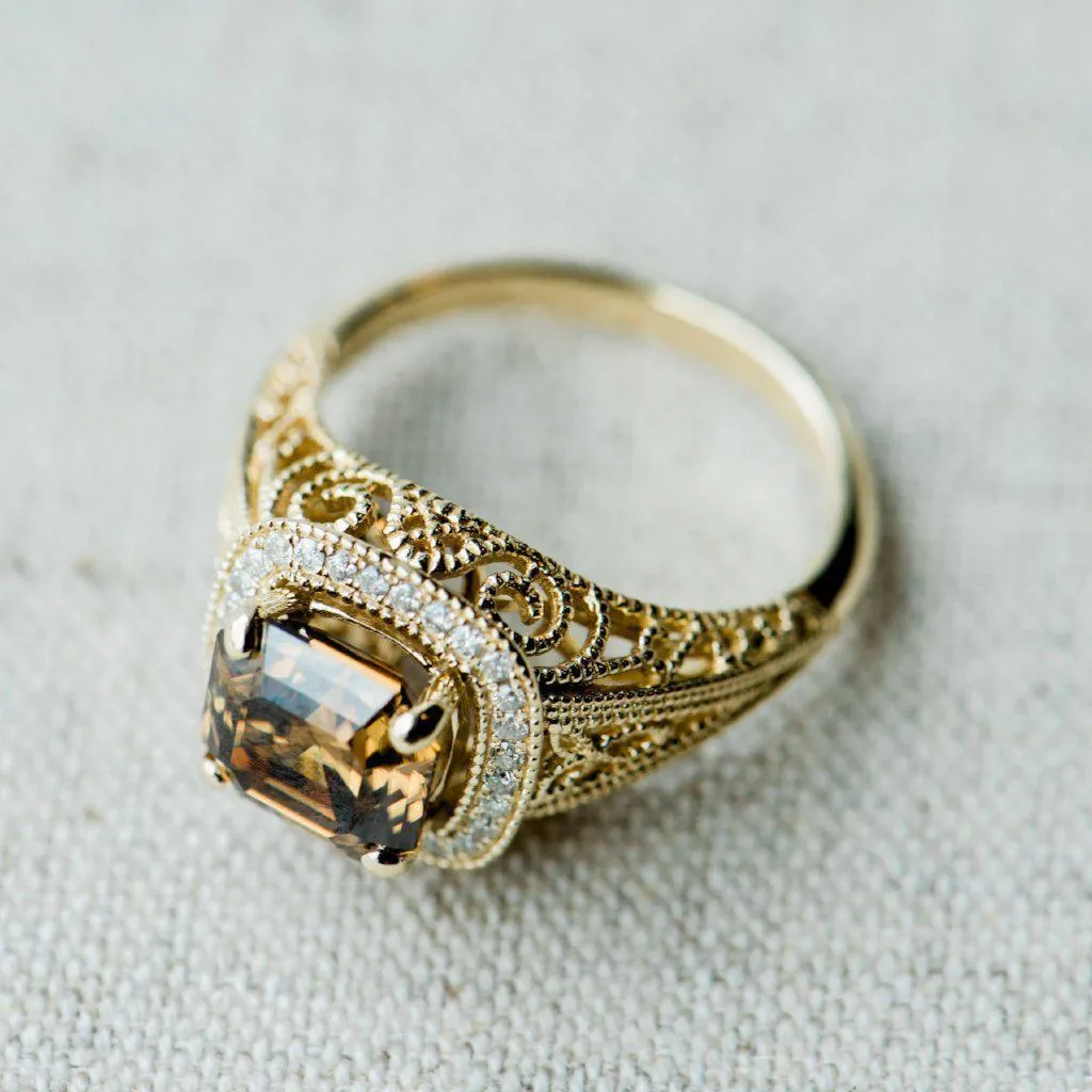 8mm Cognac Asscher Heirloom Center 14k Solid Yellow Gold Exquisite Diamond Filigree Design Setting