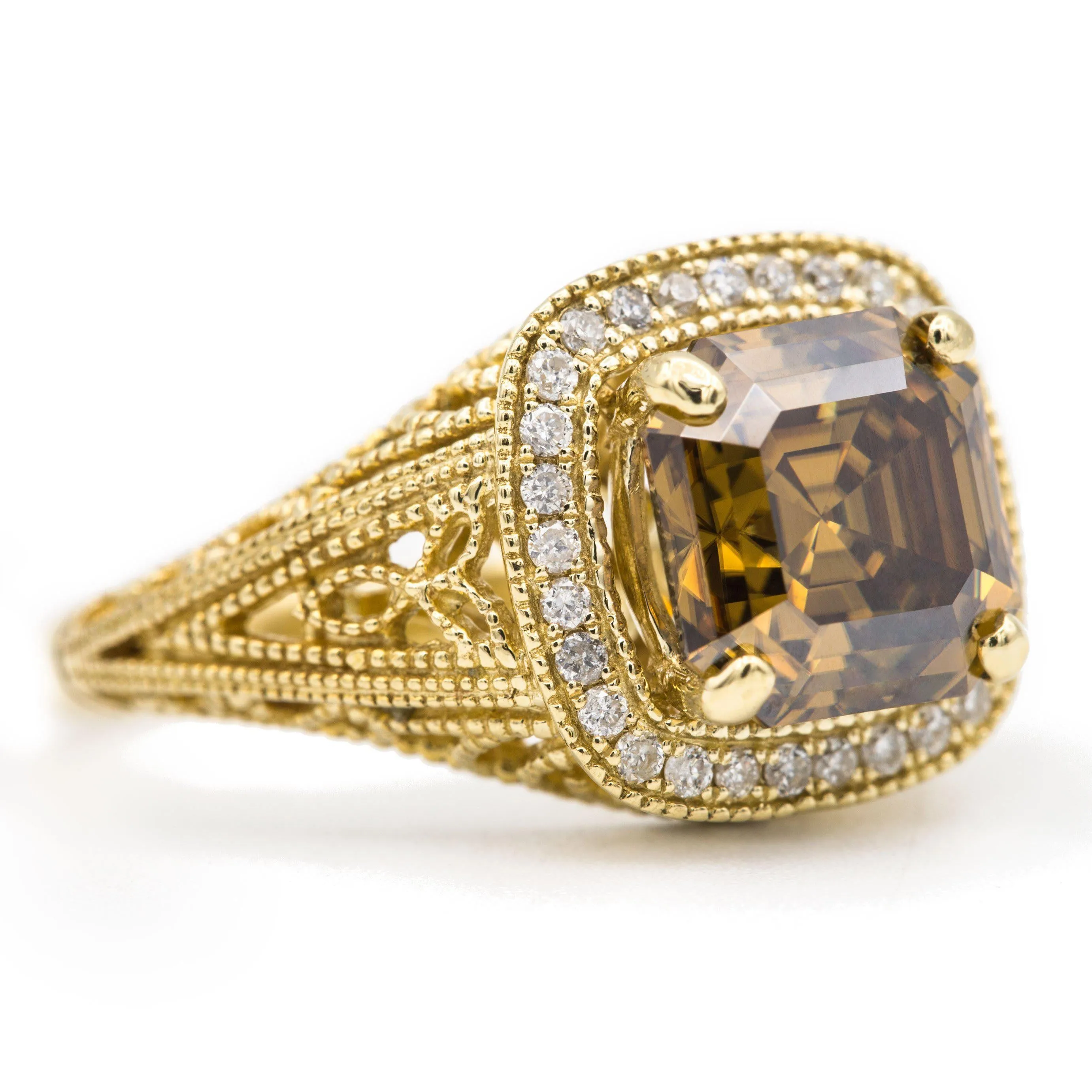 8mm Cognac Asscher Heirloom Center 14k Solid Yellow Gold Exquisite Diamond Filigree Design Setting