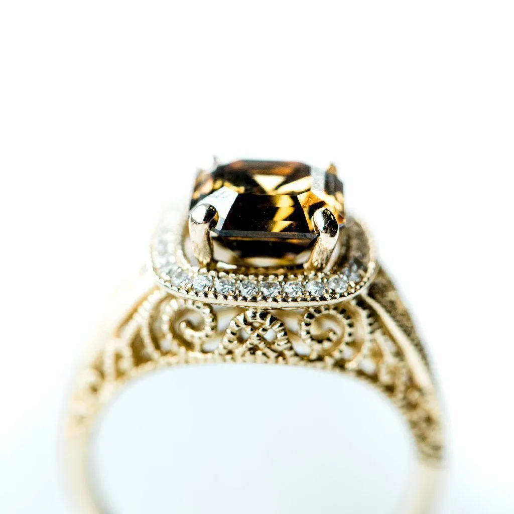 8mm Cognac Asscher Heirloom Center 14k Solid Yellow Gold Exquisite Diamond Filigree Design Setting